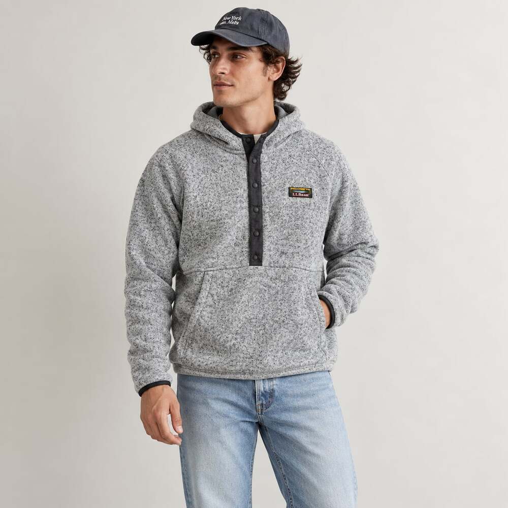 L.L. Bean Men's Sweater Fleece Hooded Pullover Gray Snap Front Logo Outdoor Size